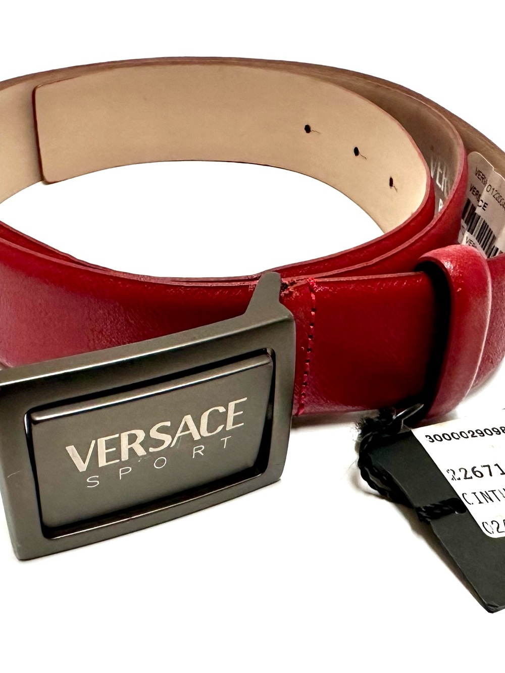 Versace Sport Red Leather Men's Belt with Matte Gunmetal Logo Buckle